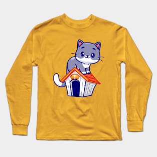 Cute Cat Sitting On Cat Cage Cartoon Long Sleeve T-Shirt